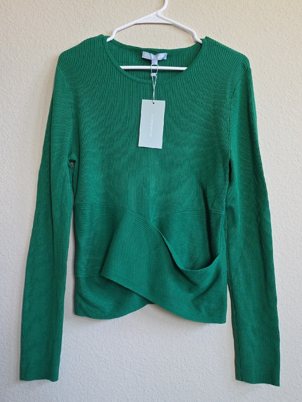 NWT Antonio Melani Brianna Green Knit Long-Sleeve Draped Front Sweater Sz L